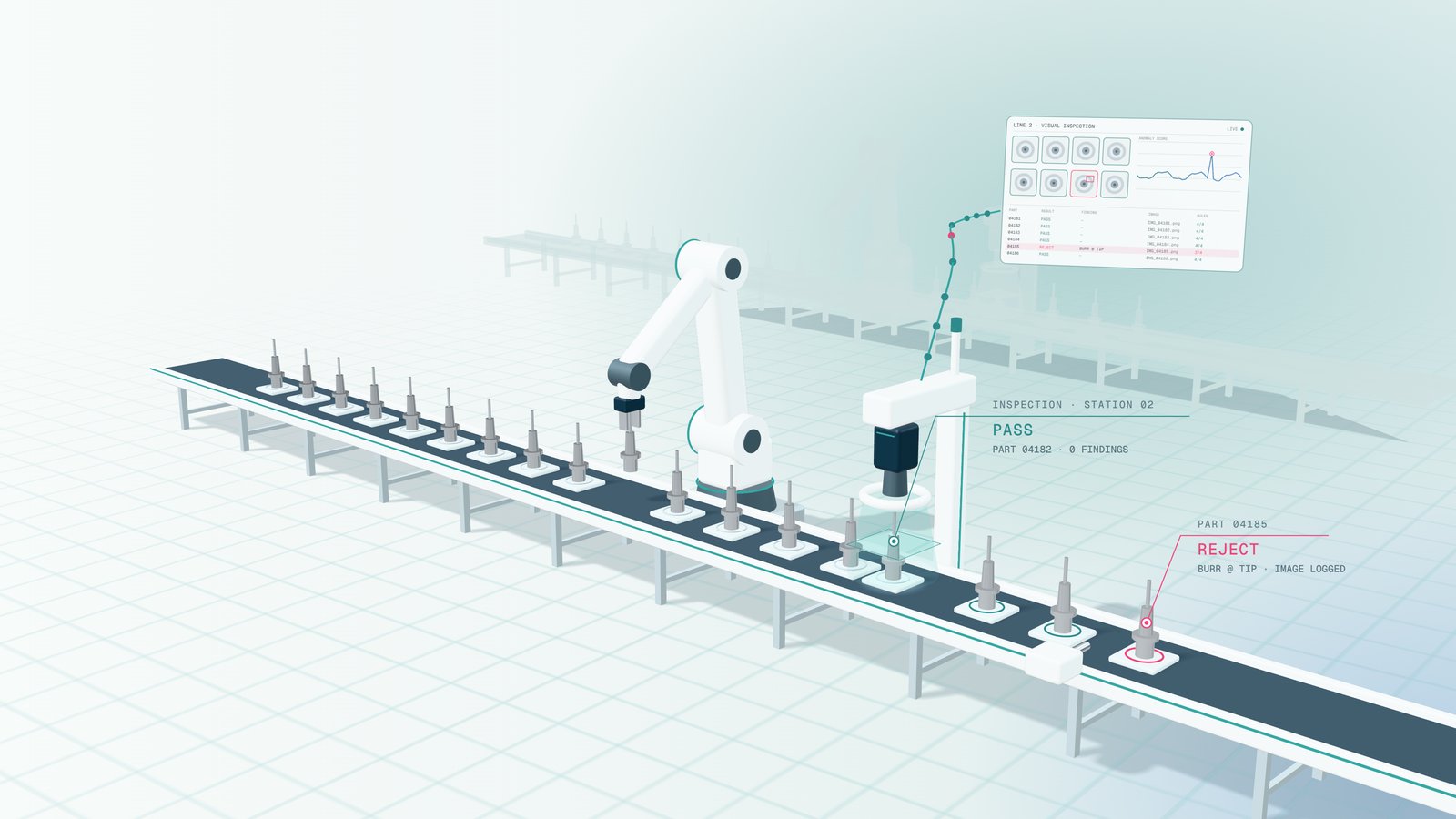 Gerenderte Illustration einer Prüflinie mit Kamera-Station und Roboter